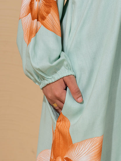 Elegant Floral Mint Green Abaya cum prayer gown with Hijab – Modest & Stylish