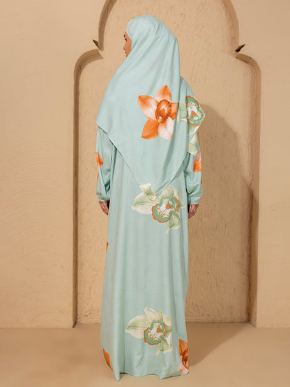 Elegant Floral Mint Green Abaya cum prayer gown with Hijab – Modest & Stylish