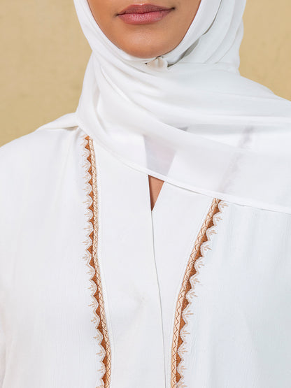 Elegant 3-Piece White Embroidered Abaya Set with Inner Slip Dress & Matching Hijab