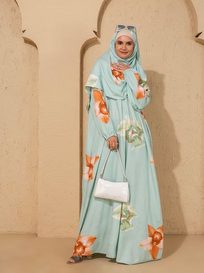 Elegant Floral Mint Green Abaya cum prayer gown with Hijab – Modest & Stylish