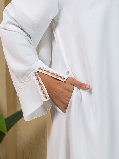 Elegant 3-Piece White Embroidered Abaya Set with Inner Slip Dress & Matching Hijab