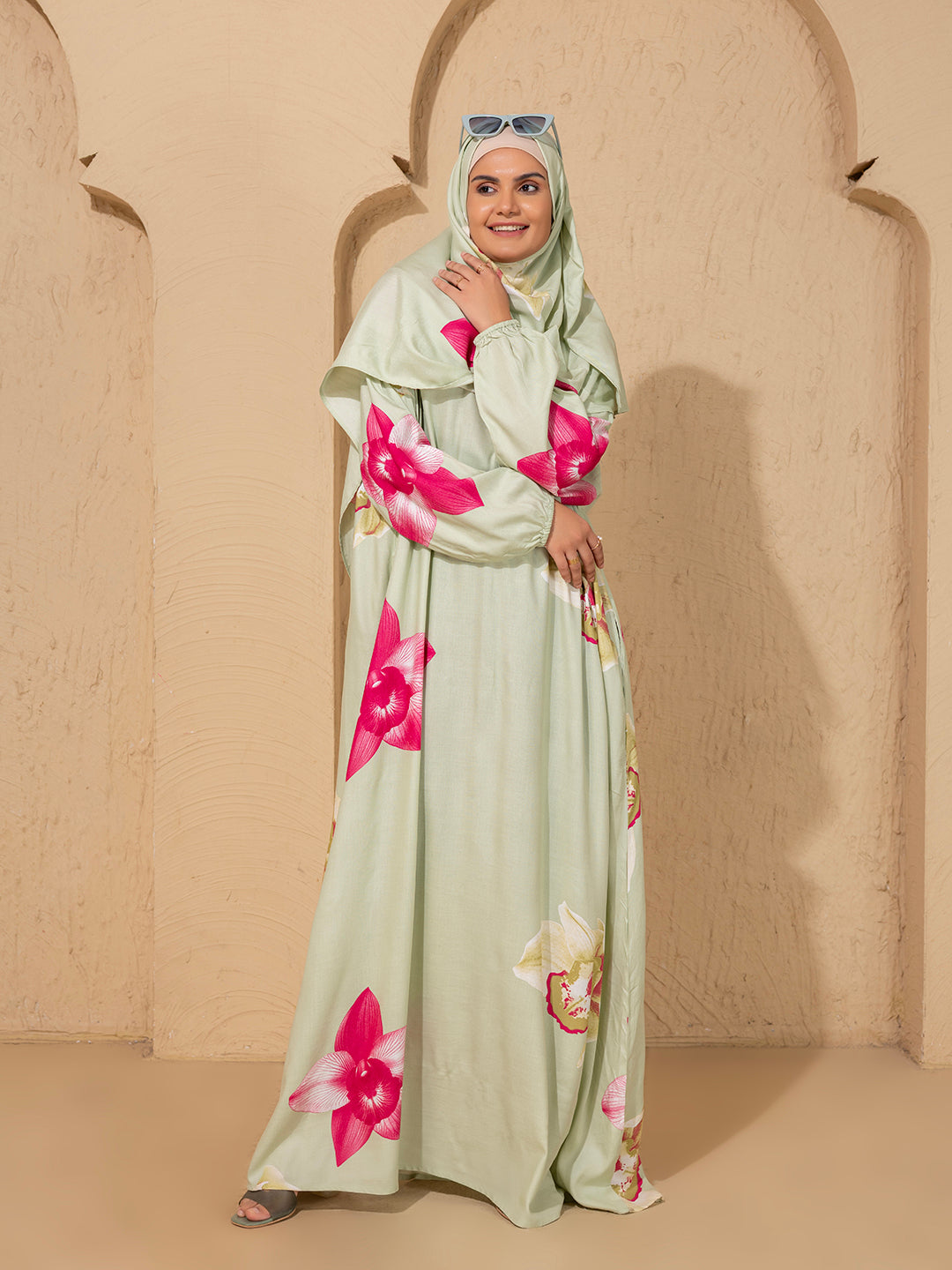 Floral Blossom Light Green Abaya  cum prayer gown with Matching Hijab – Graceful & Modest