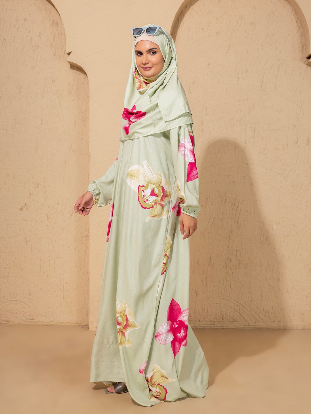 Floral Blossom Light Green Abaya  cum prayer gown with Matching Hijab – Graceful & Modest
