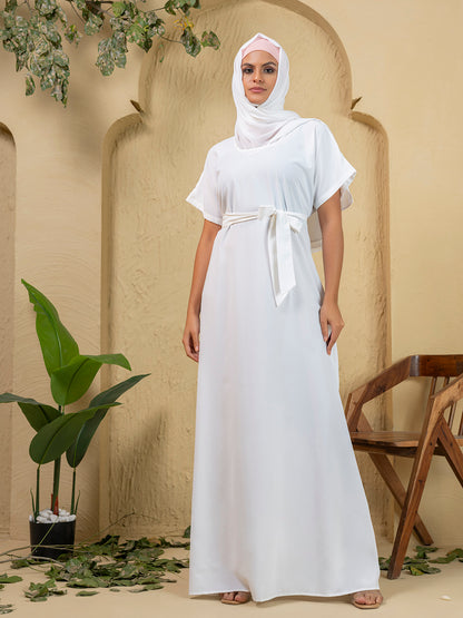 Elegant 3-Piece White Embroidered Abaya Set with Inner Slip Dress & Matching Hijab