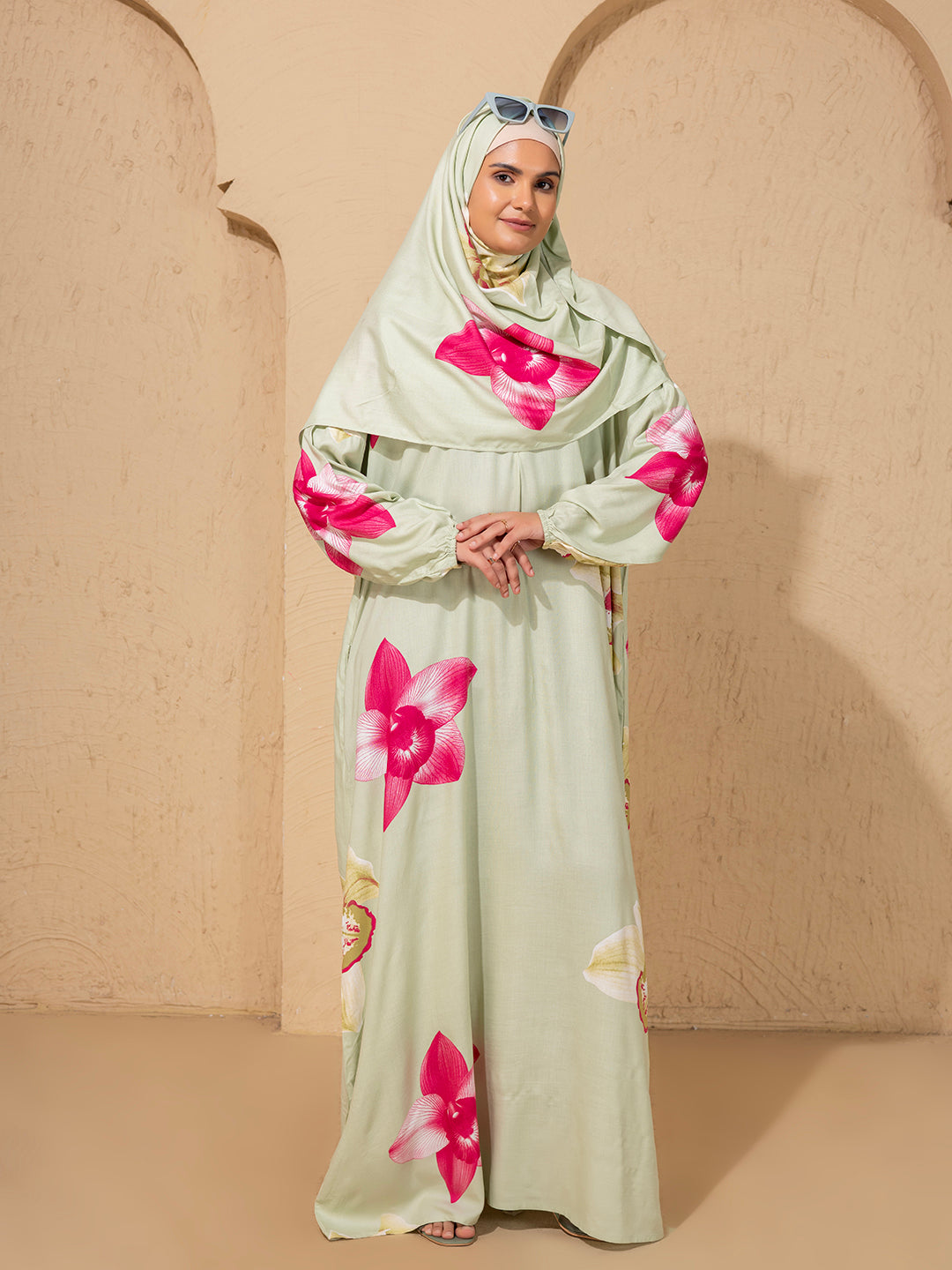Floral Blossom Light Green Abaya  cum prayer gown with Matching Hijab – Graceful & Modest