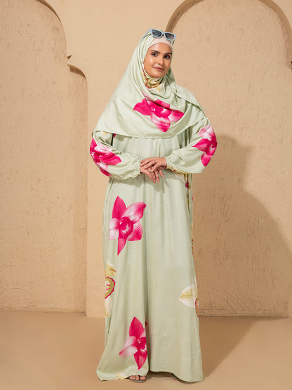 Floral Blossom Light Green Abaya  cum prayer gown with Matching Hijab – Graceful & Modest