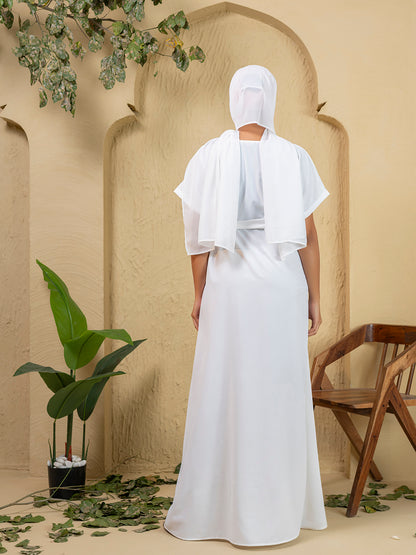 Elegant 3-Piece White Embroidered Abaya Set with Inner Slip Dress & Matching Hijab