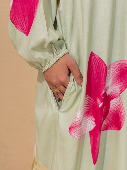 Floral Blossom Light Green Abaya  cum prayer gown with Matching Hijab – Graceful & Modest