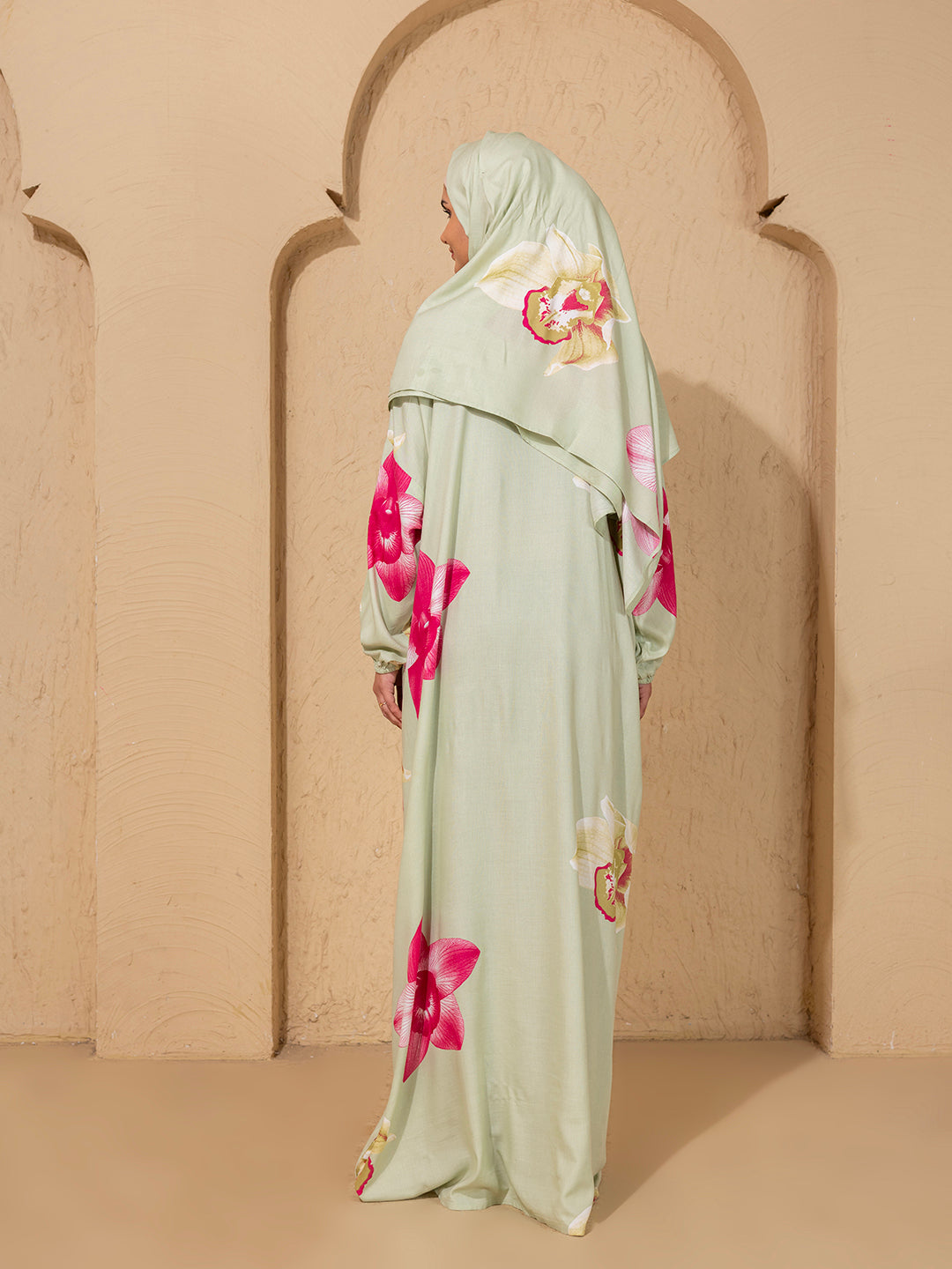 Floral Blossom Light Green Abaya  cum prayer gown with Matching Hijab – Graceful & Modest