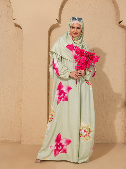 Floral Blossom Light Green Abaya  cum prayer gown with Matching Hijab – Graceful & Modest