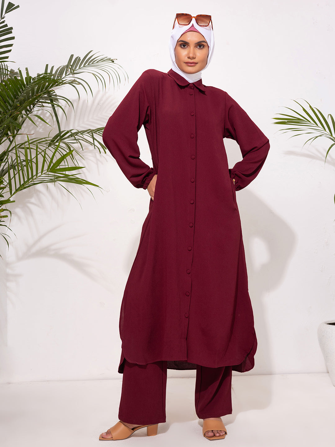 Deep Burgundy Modest Button-Down Set