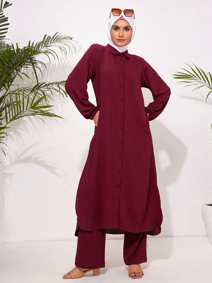 Deep Burgundy Modest Button-Down Set