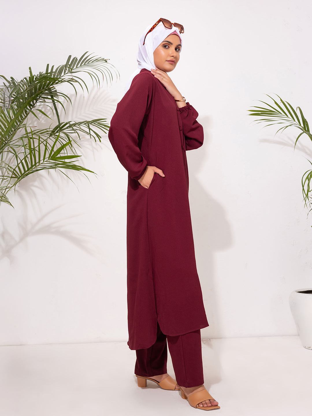 Deep Burgundy Modest Button-Down Set