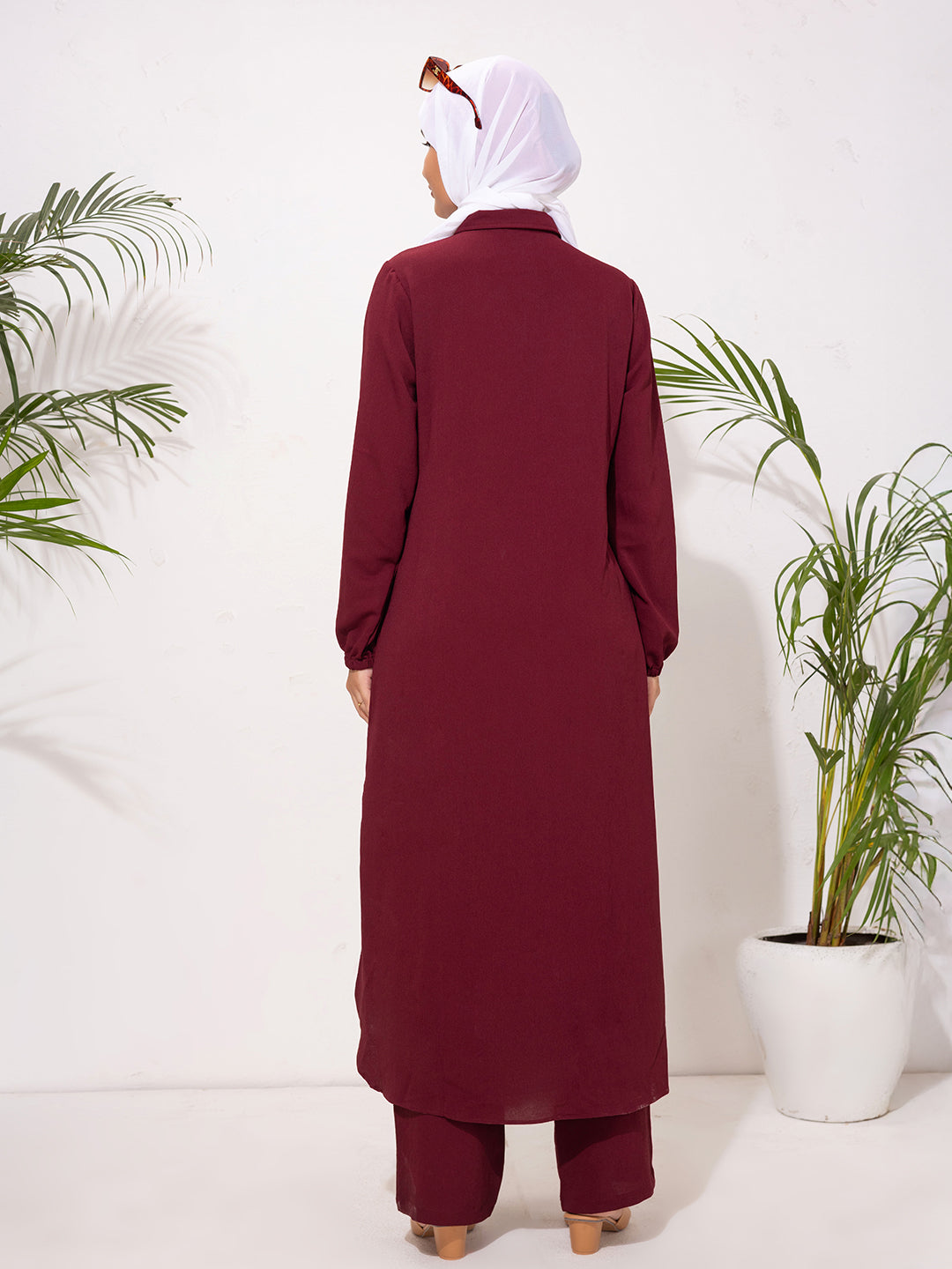 Deep Burgundy Modest Button-Down Set