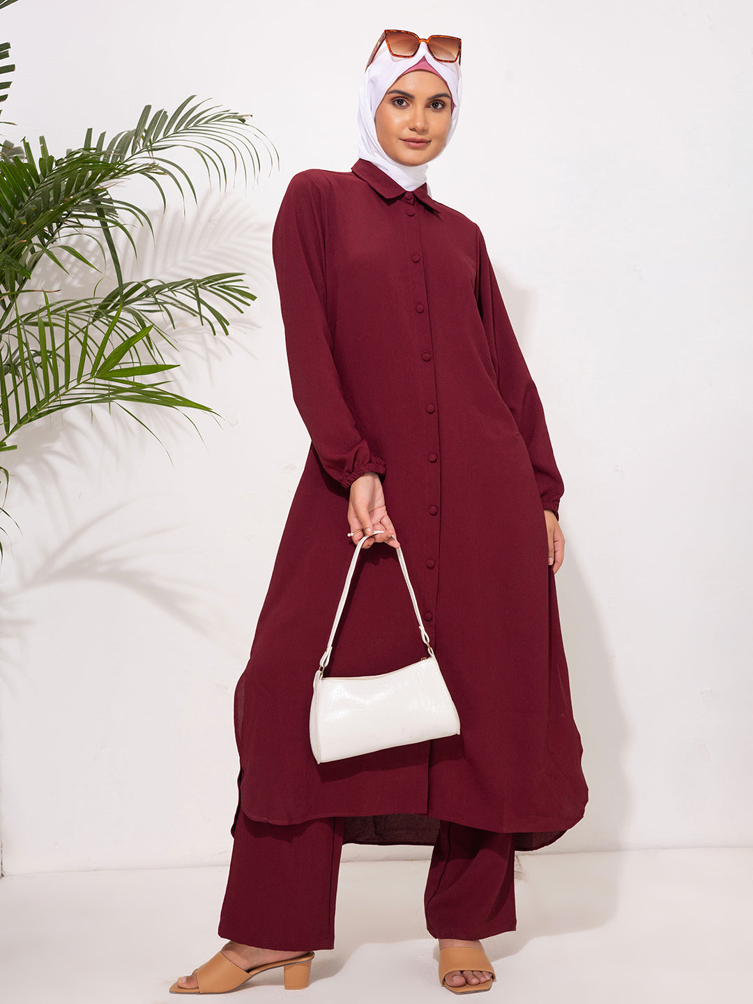 Deep Burgundy Modest Button-Down Set