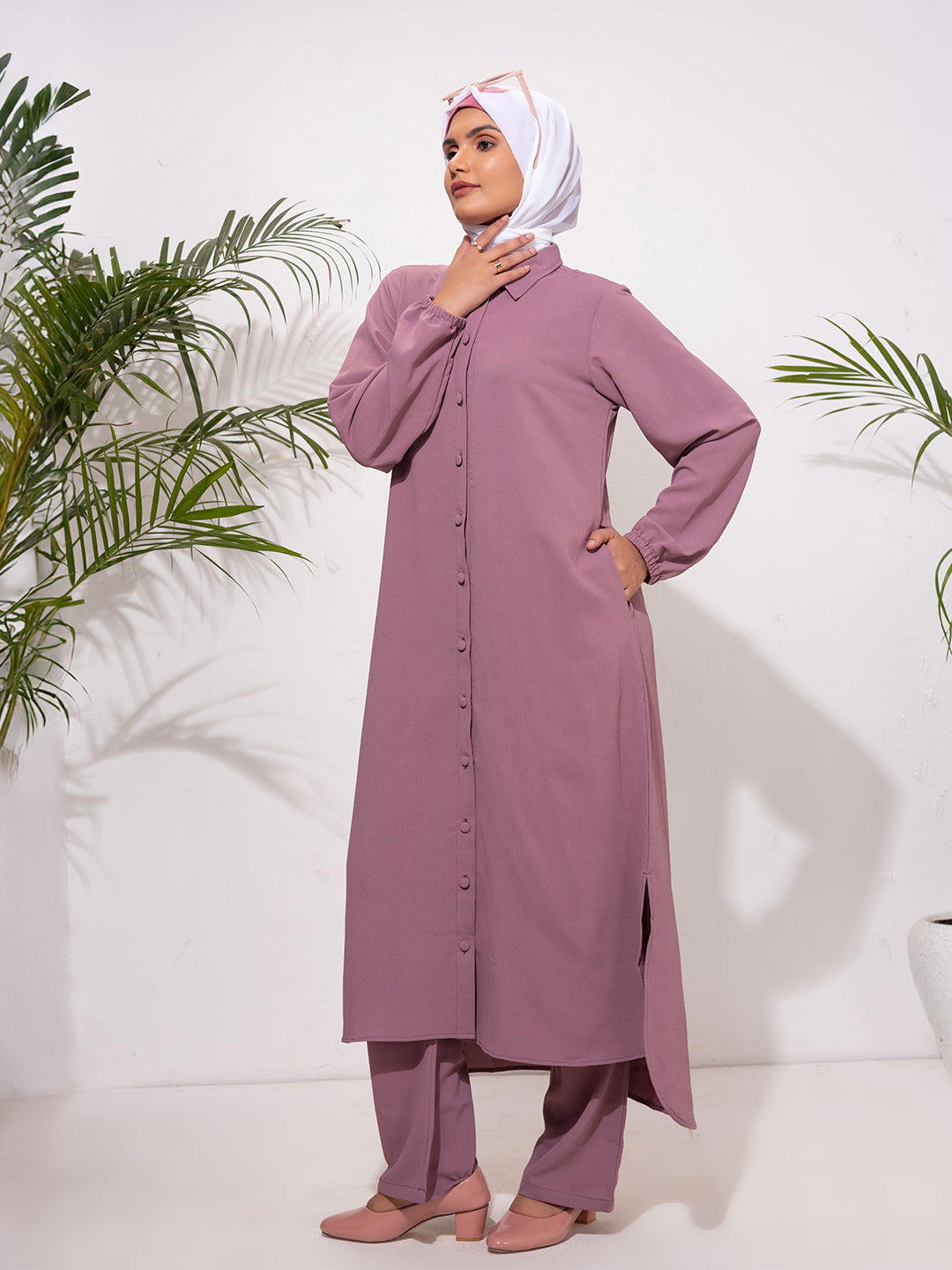 Blush Mauve Button-Down Modest Set