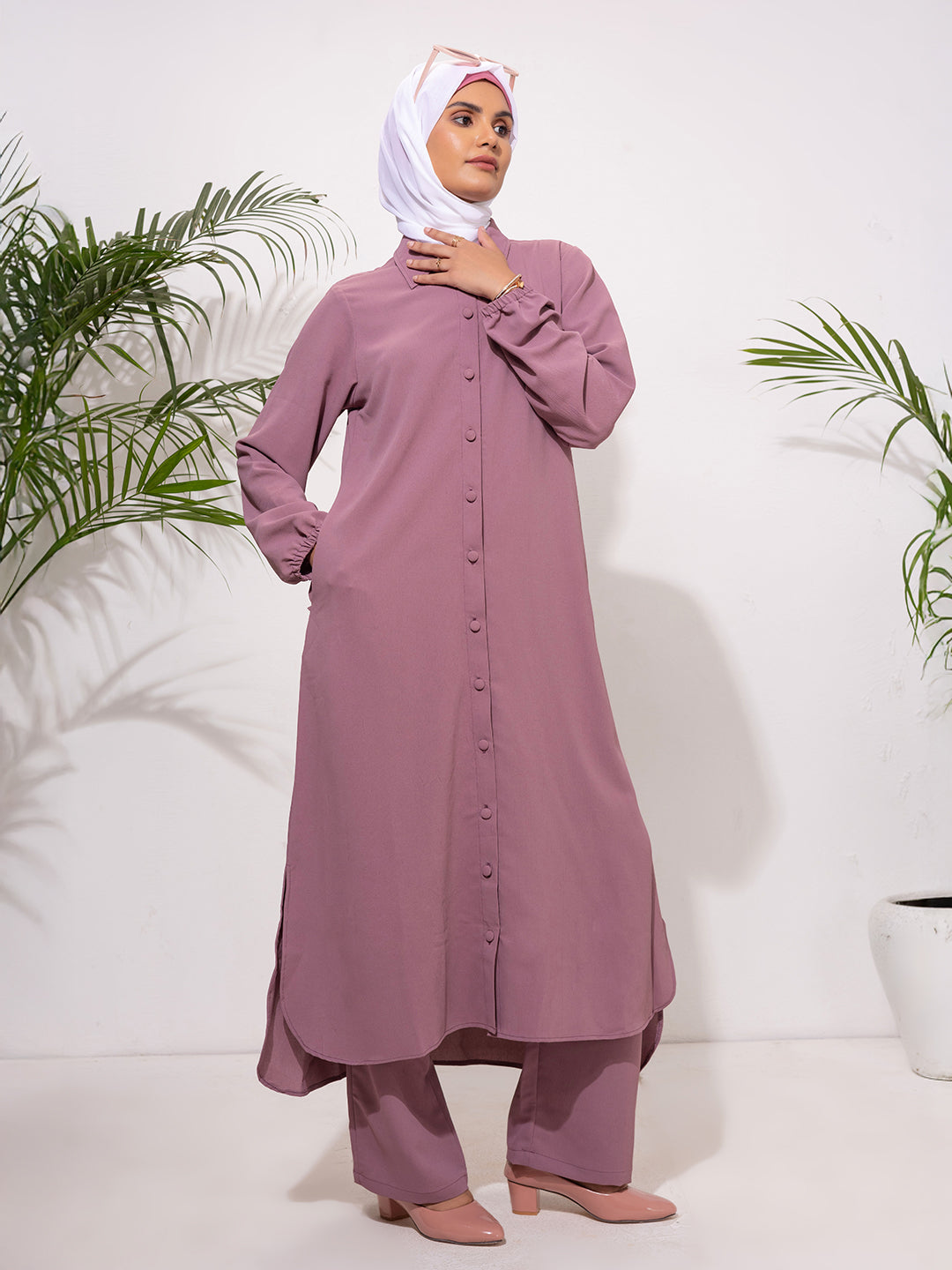 Blush Mauve Button-Down Modest Set