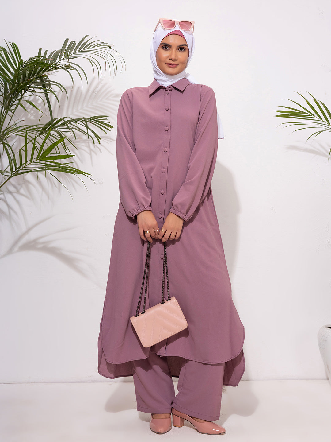 Blush Mauve Button-Down Modest Set