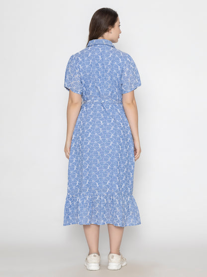 Floral Broadries Cotton Shirt Midi Dress With inside cotton lining and belt
