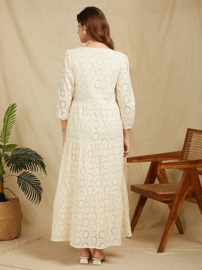 Self Design Puff Sleeve Cotton Schiffli Tiered Maxi Dress