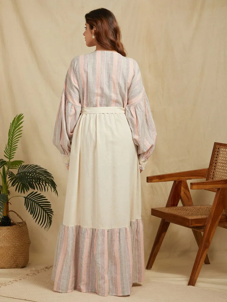 Striped Cuffed Sleeves Cotton Linen Tie-Ups Linen  Maxi Dress