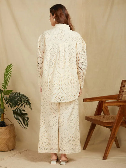 SANASH Collections Schiffli Embroidered Longline Shirt With Trousers