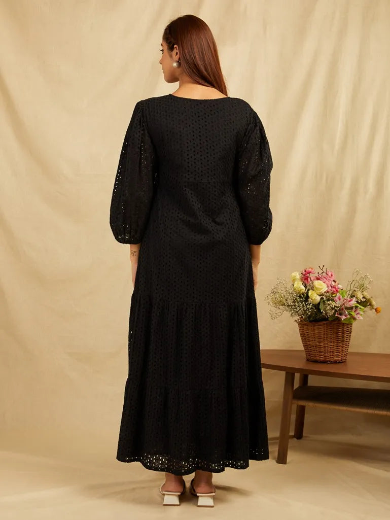 Embroidered Puffed Sleeves Tiered Cotton Fit and Flare Maxi Dress