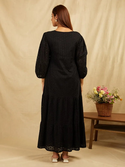 Embroidered Puffed Sleeves Tiered Cotton Fit and Flare Maxi Dress