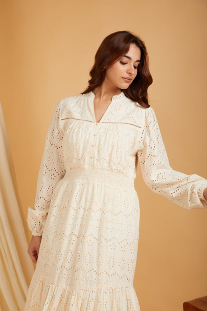 Premium Cotton Broadries Women's A-Line Maxi Dress with Lining