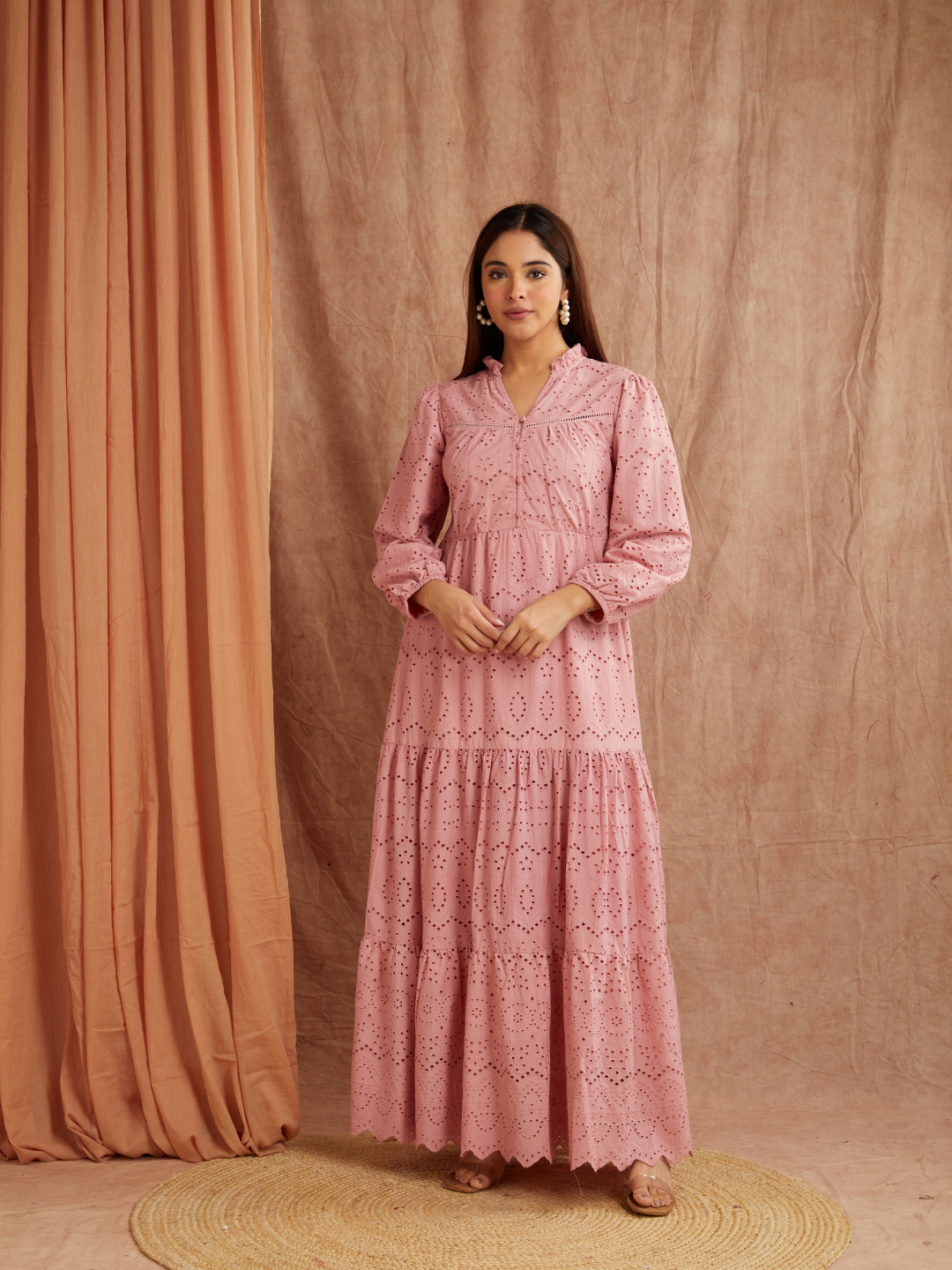 Dusty Rose Embroidered Maxi Dress – Graceful & Timeless