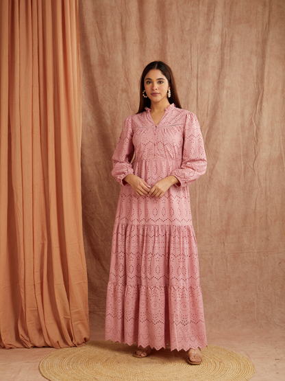Dusty Rose Embroidered Maxi Dress – Graceful & Timeless
