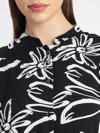 Floral Printed Mandarin Collar Tunic With Trousers