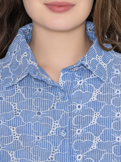 Floral Broadries Cotton Shirt Midi Dress With inside cotton lining and belt