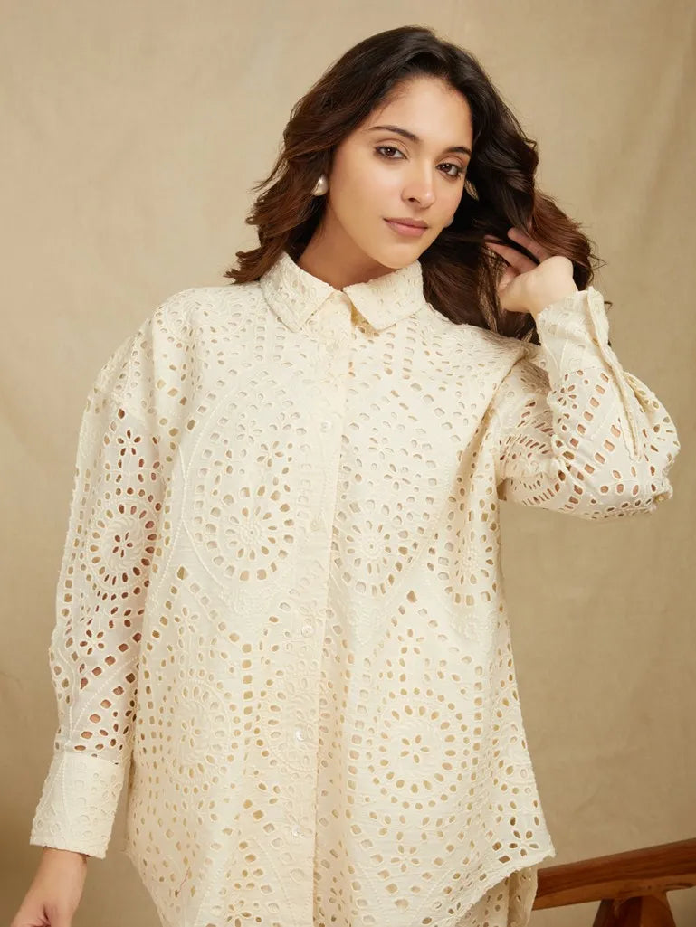 SANASH Collections Schiffli Embroidered Longline Shirt With Trousers