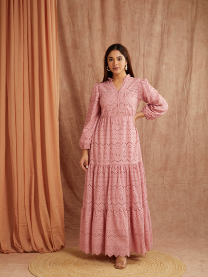 Dusty Rose Embroidered Maxi Dress – Graceful & Timeless