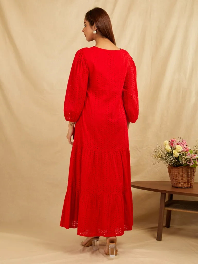 Embroidered Puffed Sleeves Tiered Cotton Fit and Flare Maxi Dress