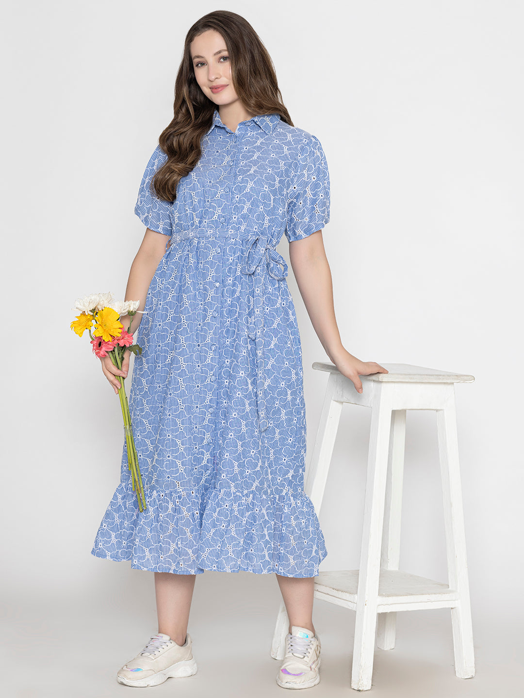 Floral Broadries Cotton Shirt Midi Dress With inside cotton lining and belt