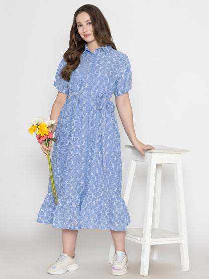 Floral Broadries Cotton Shirt Midi Dress With inside cotton lining and belt
