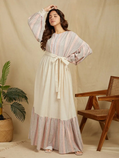 Striped Cuffed Sleeves Cotton Linen Tie-Ups Linen  Maxi Dress