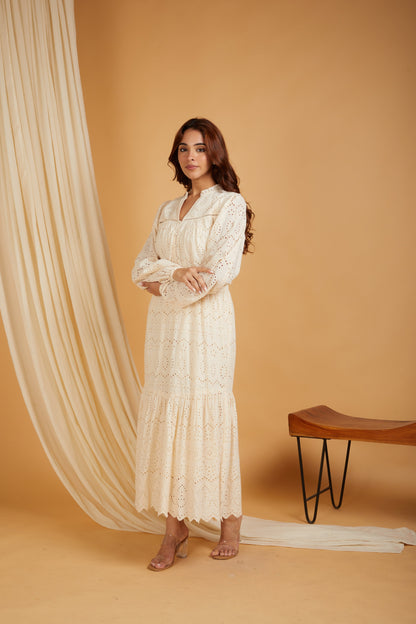 Premium Cotton Broadries Women's A-Line Maxi Dress with Lining