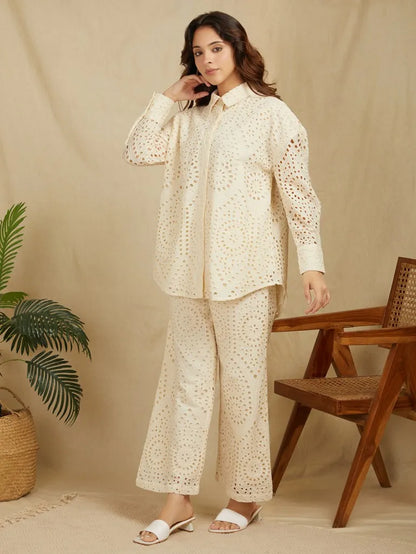 SANASH Collections Schiffli Embroidered Longline Shirt With Trousers