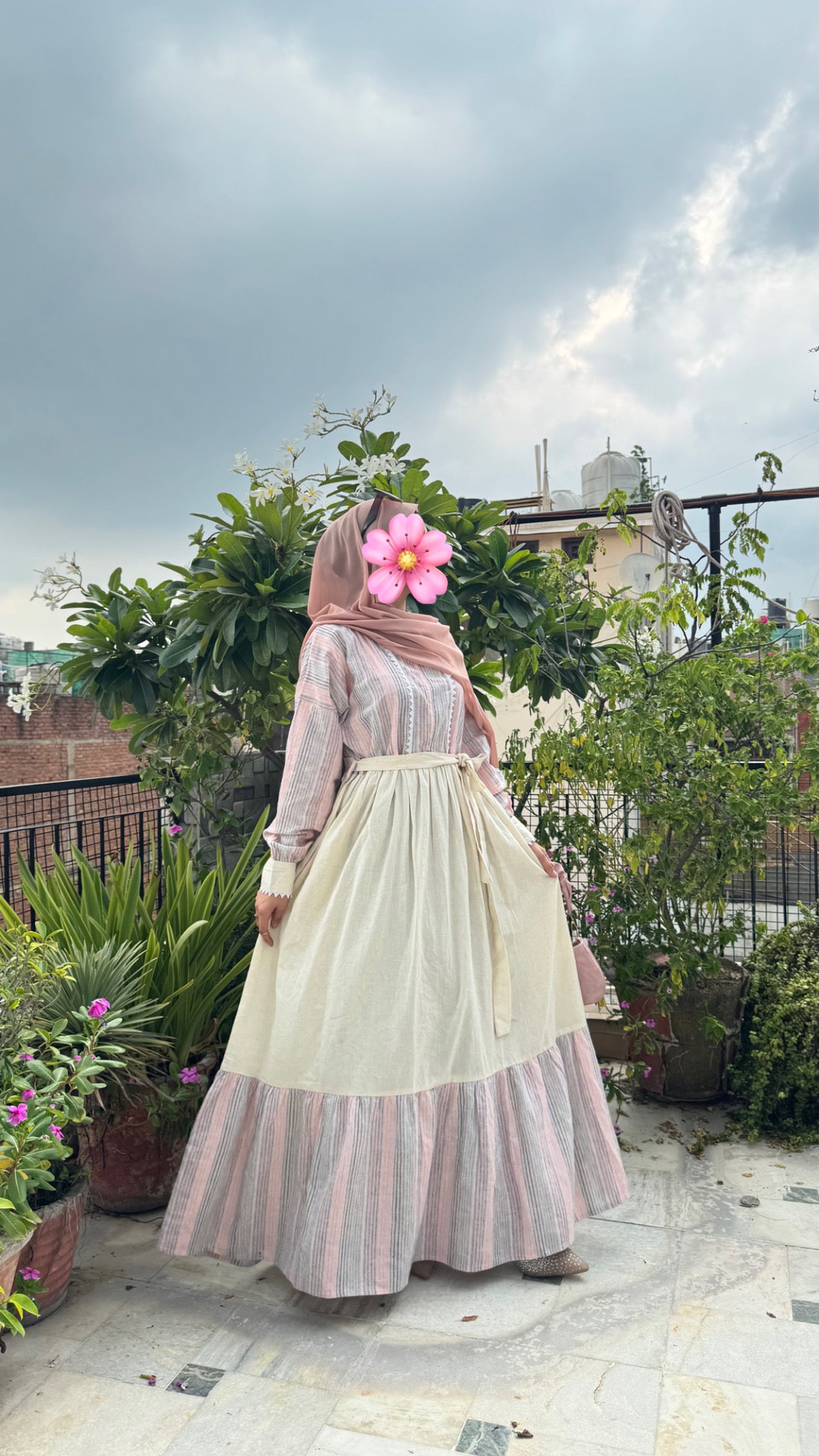 Elegant Pastel Striped Maxi Dress with Belt – Modest Wear