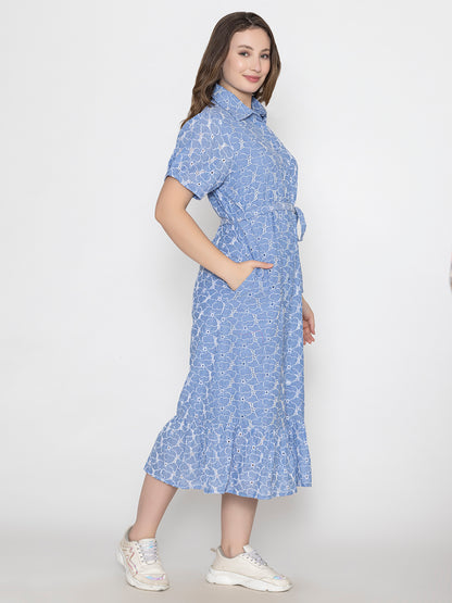 Floral Broadries Cotton Shirt Midi Dress With inside cotton lining and belt