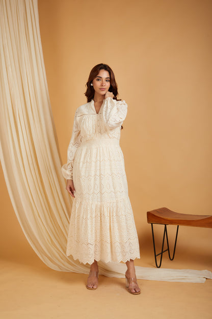 Premium Cotton Broadries Women's A-Line Maxi Dress with Lining