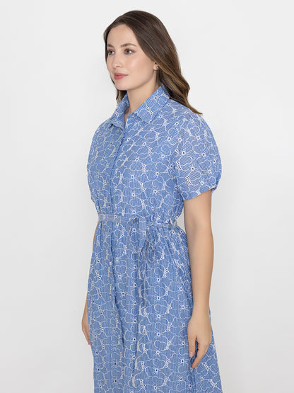 Floral Broadries Cotton Shirt Midi Dress With inside cotton lining and belt