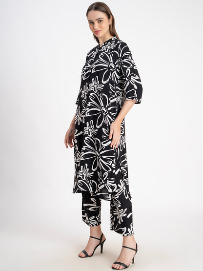 Floral Printed Mandarin Collar Tunic With Trousers