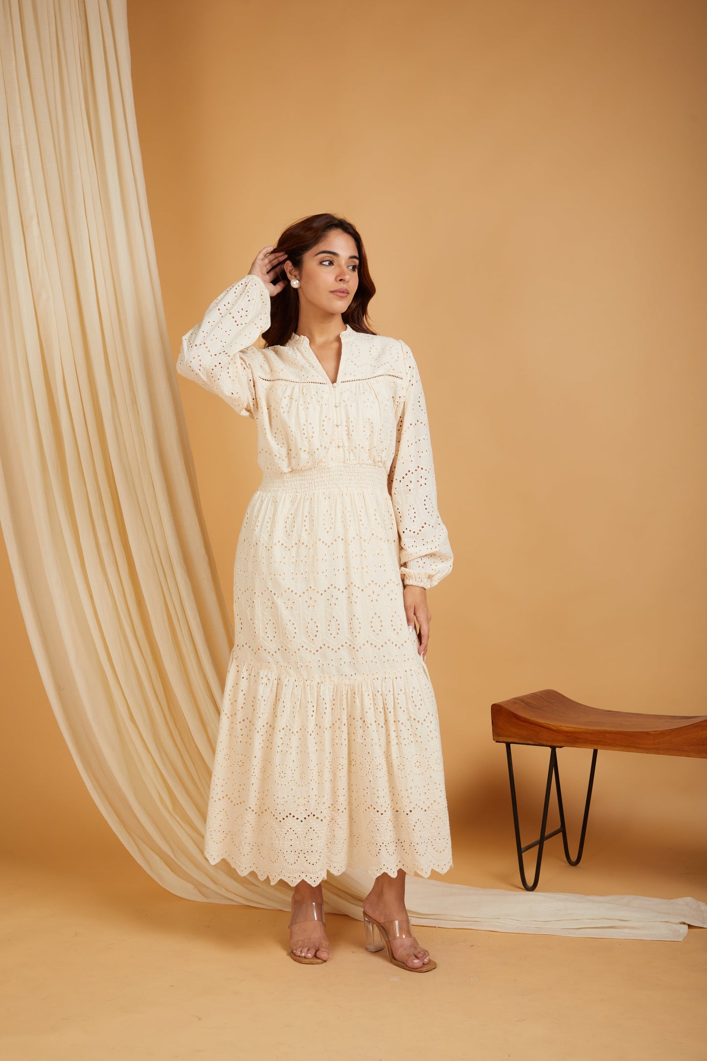 Premium Cotton Broadries Women's A-Line Maxi Dress with Lining