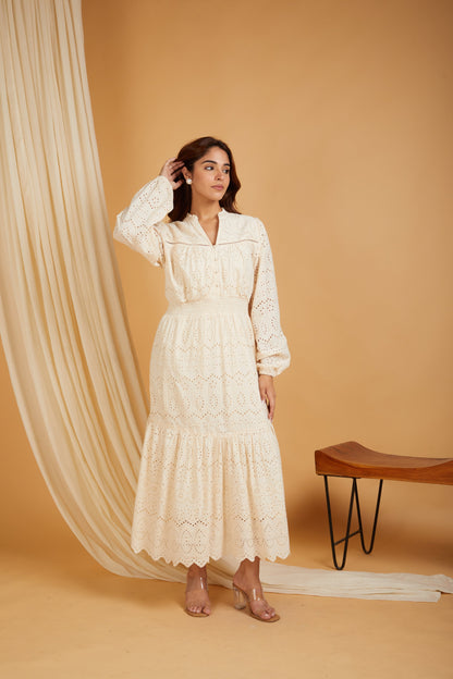 Premium Cotton Broadries Women's A-Line Maxi Dress with Lining