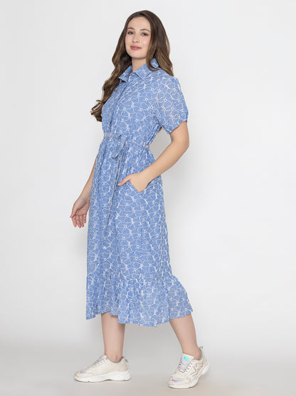 Floral Broadries Cotton Shirt Midi Dress With inside cotton lining and belt