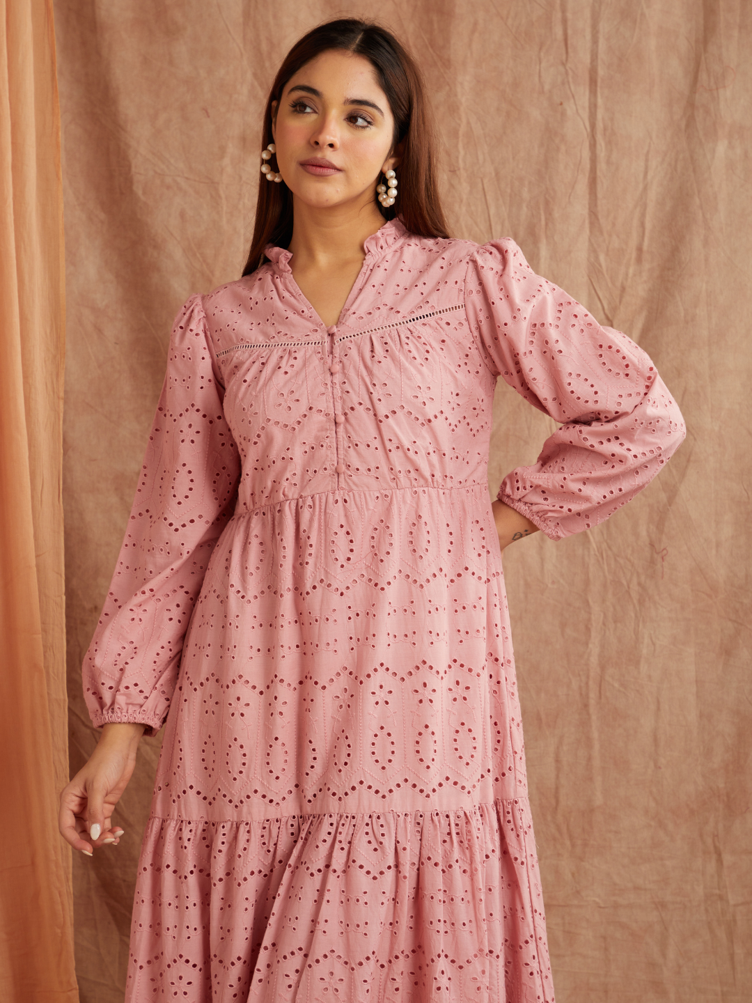 Dusty Rose Embroidered Maxi Dress – Graceful & Timeless